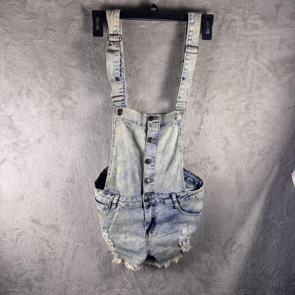 Bamboo Overall Shorts Womens Large Blue Denim 3" Inseam Distressed Casual